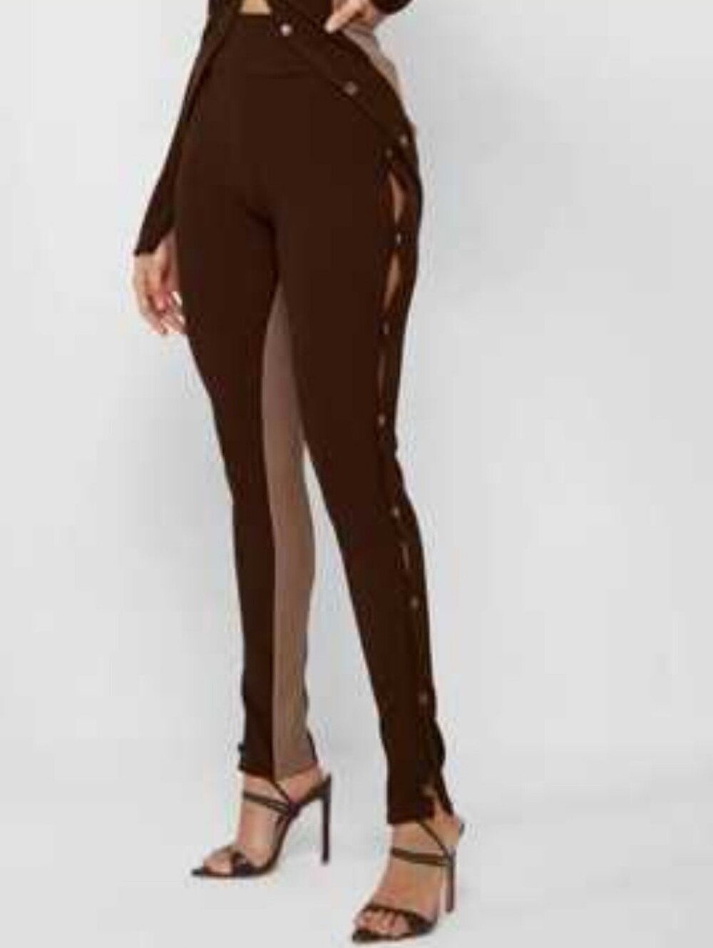 Maniere De Voir Two-Tone Side-Snap Skinny Pants in Dark Brown & Tan